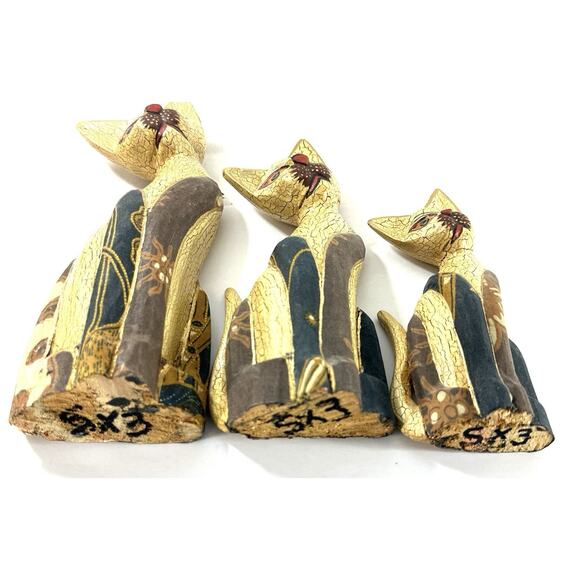 Set of 3 Hand Carved Wood Cat Sculptures Crackle Painted Folk Art - Picture 8 of 8